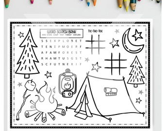 PERSONALIZED CAMPING Happy Birthday Printable Placemat Activity Birthday Coloring Page Birthday Party Placemat Sleepover Camping Tent Fire