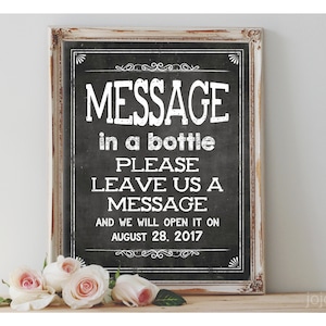 Letrero para evento imprimible personalizado "MENSAJE EN UNA BOTELLA Déjanos un mensaje" Cápsula del tiempo para baby shower, boda, pizarra, opciones de tamaño