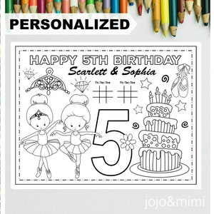 PERSONALIZED TWINS BALLERINA Happy Birthday Printable Placemat Activity Birthday Coloring Page Kids Birthday Party Placemat Ballet Birthday