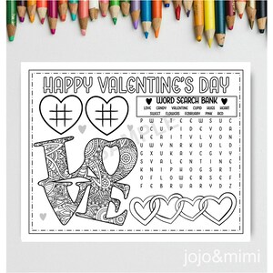 VALENTINE Printable LOVE Placemat Activity Valentine Coloring Page Instant Download Valentine Party Placemat Word Search Coloring