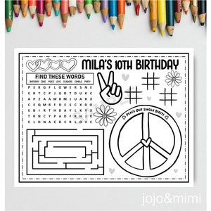 Personalisierte PEACE alles Gute zum Geburtstag Tischset, Tween Geburtstagsparty, Peace Out einzelne Ziffern, Mädchen Geburtstag Aktivität, Sleepover Party druckbar