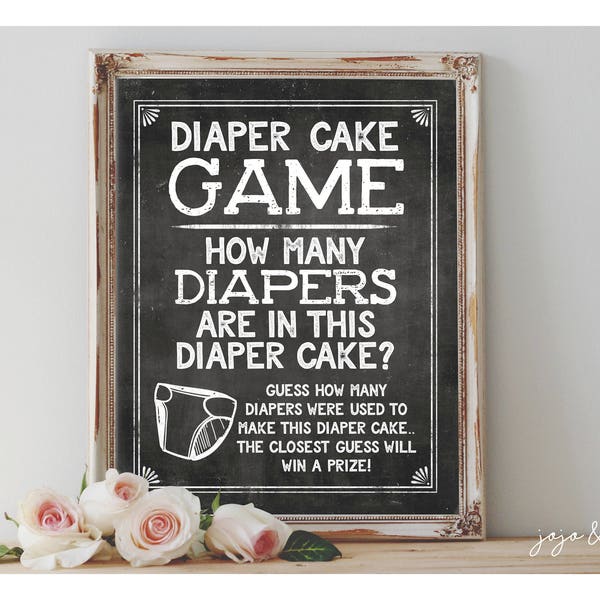 Instant 'Diaper Cake Game' Printable 8x10, 11x14 Sign Baby Shower Decor Digital File Chalkboard Guess the Diapers in the Cake