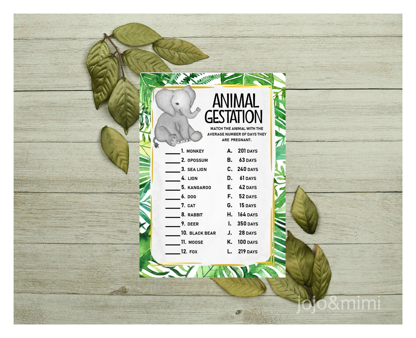 Instant ANIMAL GESTATION Printable Baby Shower Gestation Game Etsy