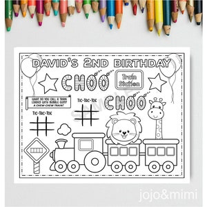 PERSONALIZED TRAIN Happy Birthday Printable Placemat Activity Animal Train Coloring Page Kids Birthday Party Placemat Train Birthday