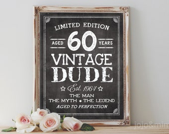 Instant 'VINTAGE DUDE 1964' Aged to Perfection Printable 60th Birthday Party Sign Party Printable Chalkboard Vintage