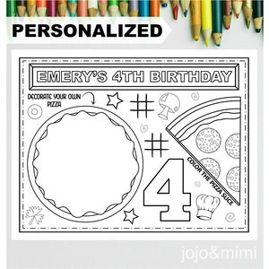 PIZZA Verjaardag, Afdrukbare Placemat Activiteit, Verjaardagskleuring, Gepersonaliseerde Kinderverjaardagsfeestje Placemat, Pizza Party, Versier een pizza