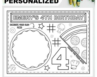 Fiesta de pizza, mantel individual imprimible para colorear, mantel individual personalizado para fiesta de cumpleaños infantil, fiesta de pizza, decora una pizza