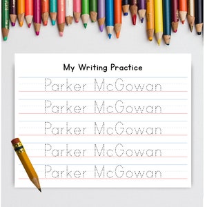 Puede incluir: Una hoja de papel blanca con las palabras "My Writing Practice" en la parte superior. El nombre "Parker McGowan" está escrito cinco veces en líneas punteadas para practicar.