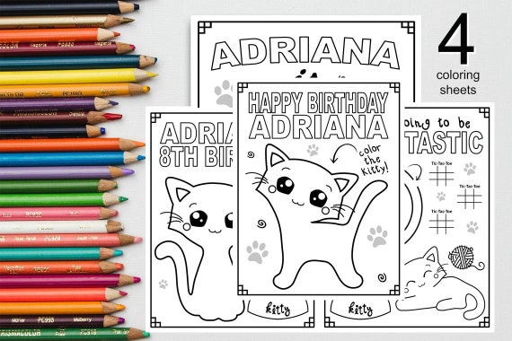 Personalized CAT HAPPY BIRTHDAY Printable Coloring Pages - Etsy