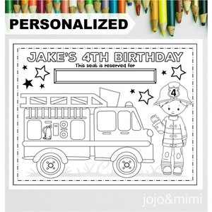 PERSONALIZED FIREMAN Happy Birthday Printable Placemat Activity Fire Truck Coloring Page Birthday Party Placemat Birthday Firefighter