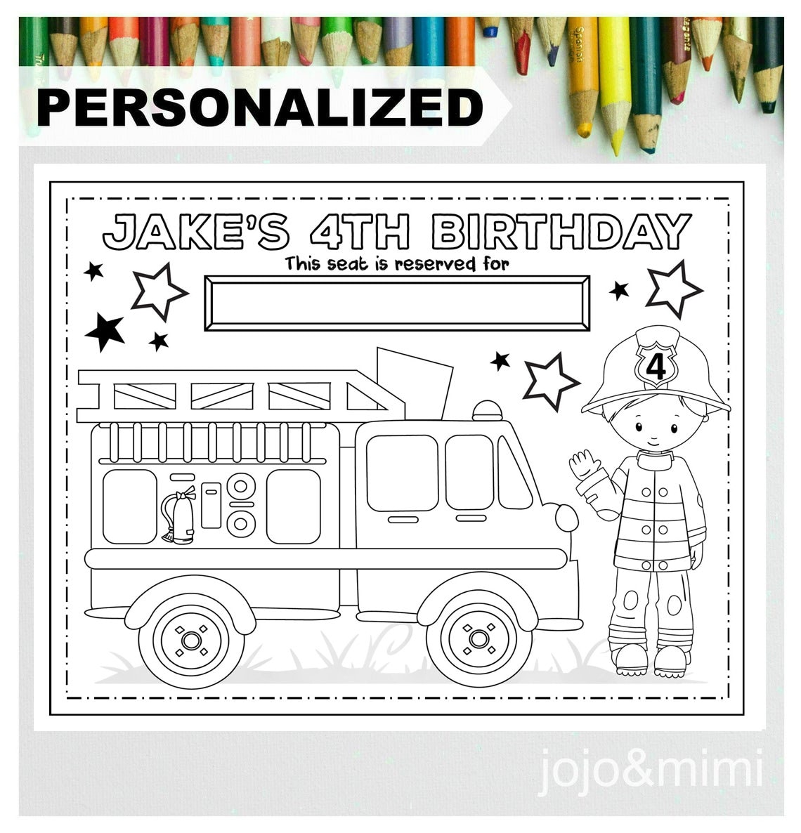 PERSONALIZED FIREMAN Happy Birthday Printable Placemat Activity Fire ...