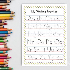 May include: A printable worksheet with a yellow border and a title that says "My Writing Practice". The worksheet features a dotted line tracing guide for each letter of the alphabet in uppercase and lowercase.