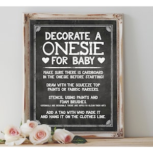 Instant &#39;Decorate a ONESIE for baby&#39; Printable 8x10, 11x14 Sign Baby Shower Digital File Chalkboard Onesie Decorating Instruction Sign