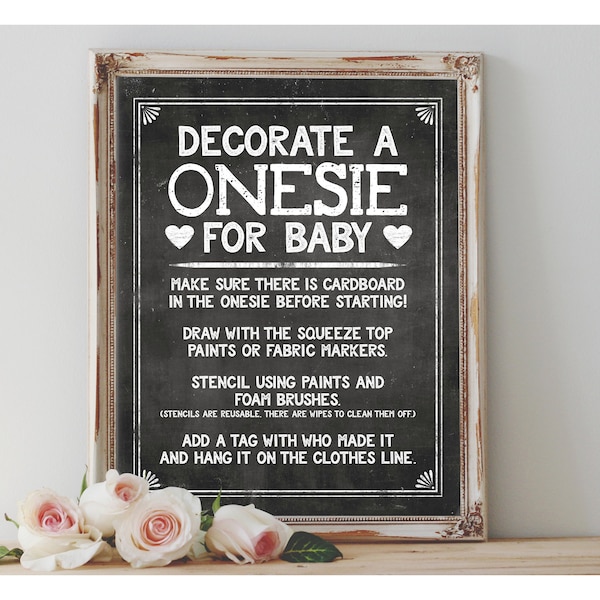 Instant 'Decorate a ONESIE for baby' Printable 8x10, 11x14 Sign Baby Shower Digital File Chalkboard Onesie Decorating Instruction Sign