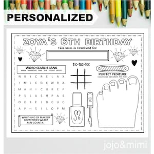 PERSONALIZED SPA Happy Birthday Printable Placemat Activity Birthday Coloring Page Girls Birthday Party Placemat Spa Party Manis & Pedis