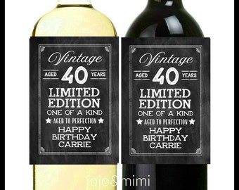 Personalized 'Vintage Aged 40 Years Printable Birthday Wine Label Chalkboard Digital File Birthday Bottle Label or Tag ANY YEAR