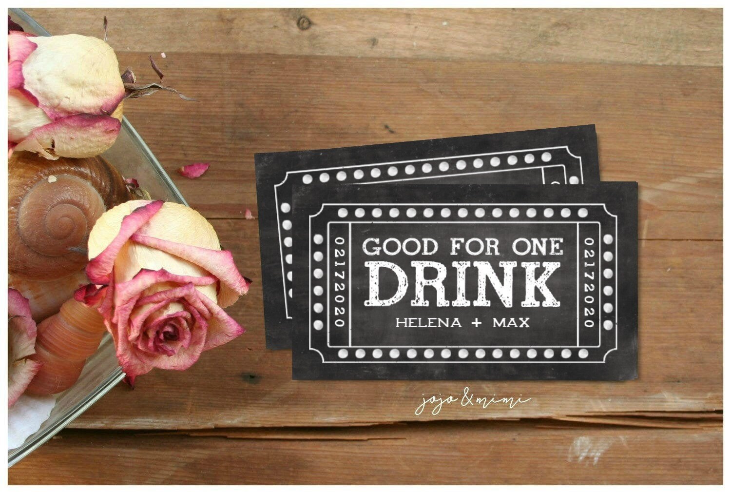 Personalized One Free Drink Printable Tickets Chalkboard Design Wedding or Event Free Drink Coupon with Names and Wedding Date Digital File