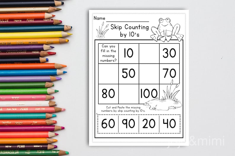 May include: Black and white printable worksheet with a frog illustration. The worksheet is titled "Skip Counting by 10's".  The worksheet has a grid with numbers 10, 30, 50, 70, 80, and 100.  The instructions ask the user to fill in the missing numbers.  Below the grid, there is a section for cutting and pasting numbers 60, 90, 20, and 40.