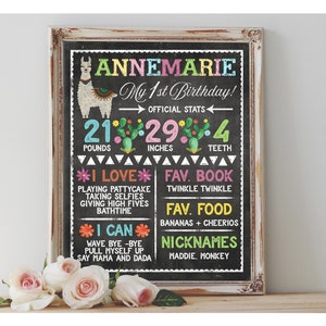 Cartaz de quadro de primeiro aniversário de lhama, sinal para impressão, marco, fatos do bebê, primeiro aniversário, bolo personalizado, quebra, festa