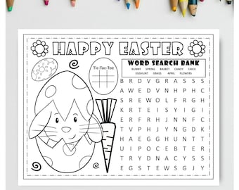 PASQUA Attività stampabile sul tovaglietta primaverile Pagina da colorare del coniglietto pasquale Download immediato Tovaglietta per la festa di Pasqua Caccia alle uova Ricerca di parole primaverile