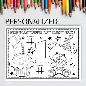 ORSACCHIOTTO PERSONALIZZATO Buon compleanno Tovaglietta stampabile Attività Orsetto da colorare Pagina Tovaglietta per festa di compleanno per bambini Primo compleanno
