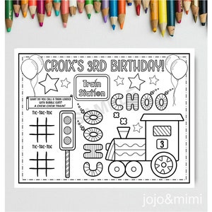 PERSONALIZED TRAIN Happy Birthday Printable Placemat Activity Choo Choo Train Coloring Page Kids Birthday Party Placemat Train Station