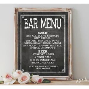 Custom 'BAR MENU' Beer and Wine Sign Printable 8x10 OR 11X14 Chalkboard Wedding Printable Drink Selection Sign