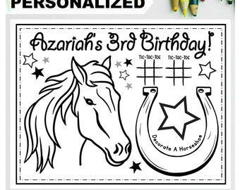 PERSONALIZED Horse Happy Birthday Printable Placemat Activity Coloring Page Horseback Riding Birthday Party Placemat Girls Birthday