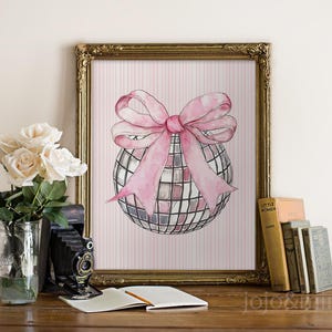 Printable Disco Ball w Bow Art Preppy Pink on Pink Coquette Wall Art Trendy Bow Room Decor Girly Wall Art Pastels Nursery Art