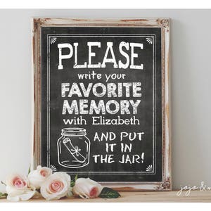 Personalized 'Please write your favorite memory with NAME and put it in the jar' Digital Graduation Bon Voyage Memory Jar Chalkboard Sign