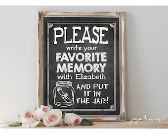 Personalized 'Please write your favorite memory with NAME and put it in the jar' Digital Graduation Bon Voyage Memory Jar Chalkboard Sign