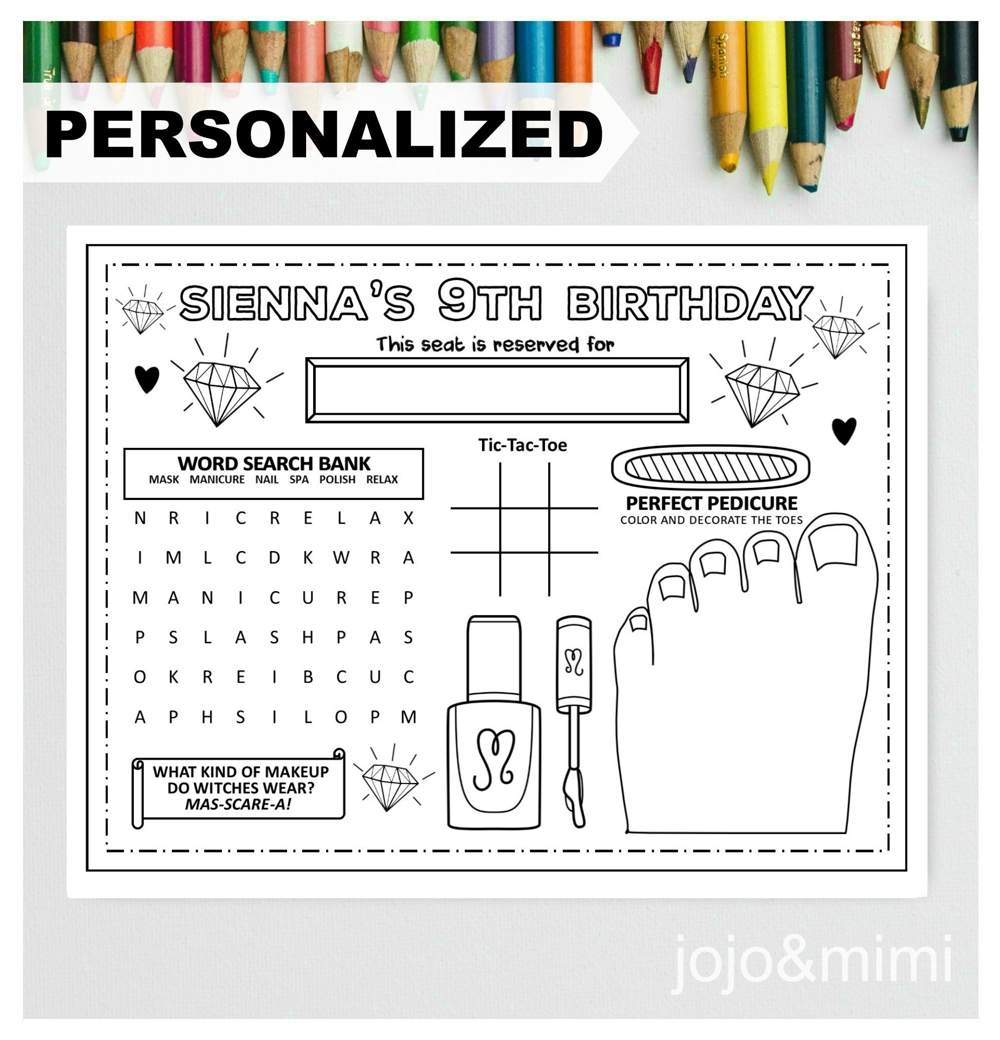 PERSONALIZED SPA Happy Birthday Printable Placemat Activity Birthday Coloring Page Girls Birthday Party Placemat Spa Party Manis & Pedis