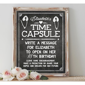 Cápsula de tempo personalizada para chá de bebê, cápsula de tempo para impressão com cartão de nota, quadro-negro para impressão de 18 anos, desejos de festa digital