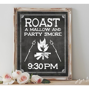 Anpassad "Rosta en malva och festa" med TIME Utskrivbar 8x10 eller 11x14 Svarta tavlor Utskrivbar Fest Bröllopsevenemang Fest S'more-skylt