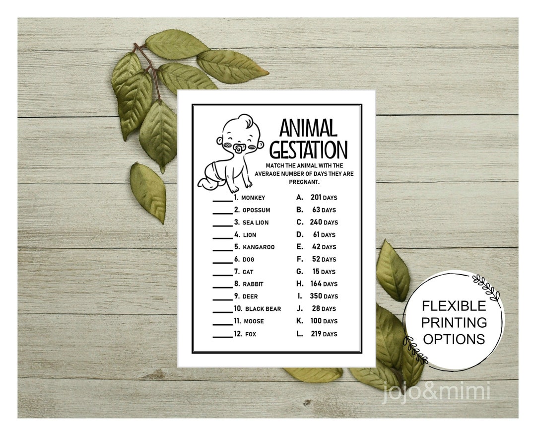 Instant ANIMAL GESTATION Printable Baby Shower Game Gestation in Days