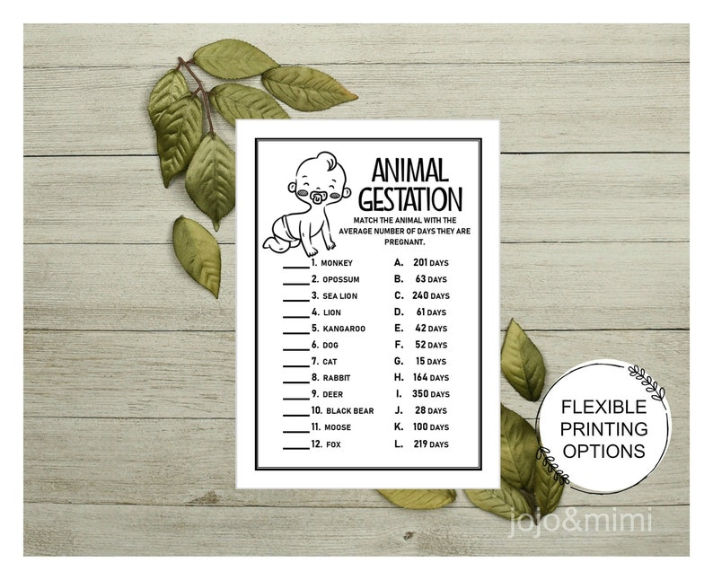 Instant ANIMAL GESTATION Printable Baby Shower Game Gestation Etsy