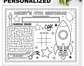 SPACE HAPPY BIRTHDAY Printable Placemat Activity Birthday Coloring Page Astronaut Party Space Birthday Party Placemat Personalized