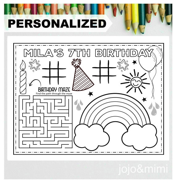PERSONALIZED RAINBOW Happy Birthday Printable Placemat Activity Birthday Coloring Page Girls Birthday Party Placemat Rainbow Birthday
