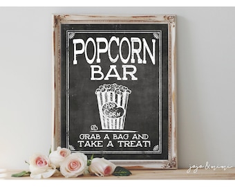 Instant 'POPCORN BAR Grab a Bag and Take a Treat' Printable Wedding or Event Sign Chalkboard Popcorn Bar Size Options