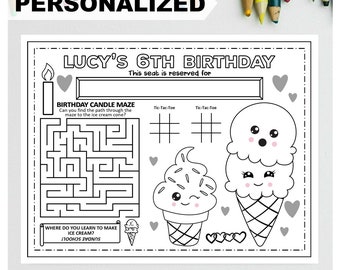 PERSONALIZED ICE CREAM Happy Birthday Printable Placemat Activity Birthday Coloring Page Kids Birthday Ice Cream Sundae Party