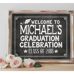 Cartello di benvenuto personalizzato per laurea stampabile 8x10, 11X14 Cartello per festa di laurea Opzioni di dimensioni lavagna stampabile per feste