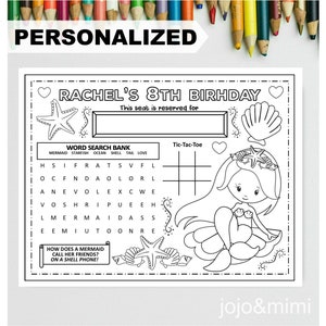 PERSONALIZED MERMAID happy Birthday Printable Placemat Activity Birthday Coloring Page Girls Birthday Party Placemat Mermaid Birthday