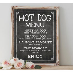 Enseigne imprimable personnalisée « HOT DOG MENU » Tableau imprimable Enseigne de menu pour hot-dogs imprimable Anniversaire de mariage Toutes options de taille d'événement