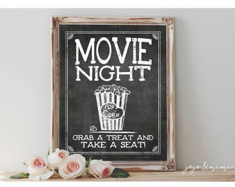 Instant 'MOVIE NIGHT Grab a Treat and Take a Seat' Printable Movie Night and Popcorn Sign Chalkboard Size Options