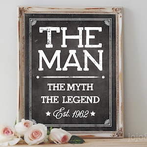 Instant &#39;THE MAN The Myth The Legend Est 1962&#39; Printable 60th Birthday Party Sign Party Printable Chalkboard Vintage