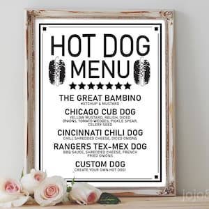 "Custom ""HOT DOG MENU"" Digitales Schild zum Drucken Hot Dog-Menü-Schild Hochzeit Geburtstag Alle Event-Größenoptionen