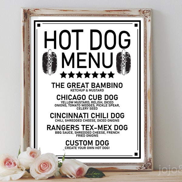 Custom 'HOT DOG MENU' Digital Sign Printable Hot Dog Menu Sign Wedding Birthday Any Event Size Options