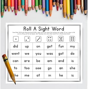 Puede incluir: Un tablero de juego imprimible en blanco y negro con el t&iacute;tulo "Roll A Sight Word". El tablero de juego presenta una cuadr&iacute;cula con palabras de vista y dados con puntos que representan n&uacute;meros.