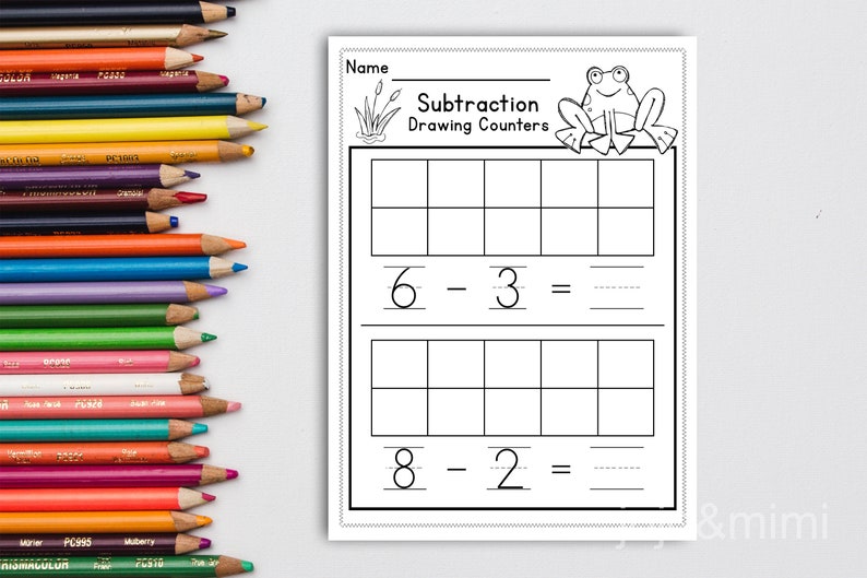 May include: Black and white printable worksheet with a frog illustration. The worksheet is titled "Subtraction Drawing Counters" and includes two subtraction problems: 6 - 3 = and 8 - 2 =. Each problem has a grid to draw counters.