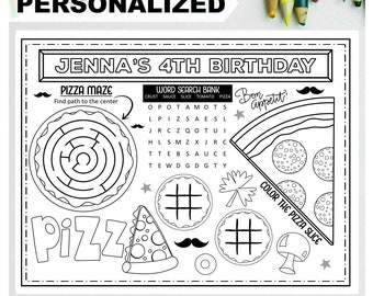 Personalized PIZZA HAPPY BIRTHDAY Printable Placemat Activity Birthday Coloring Kids Birthday Party Placemat Pizza Birthday Pizza Party